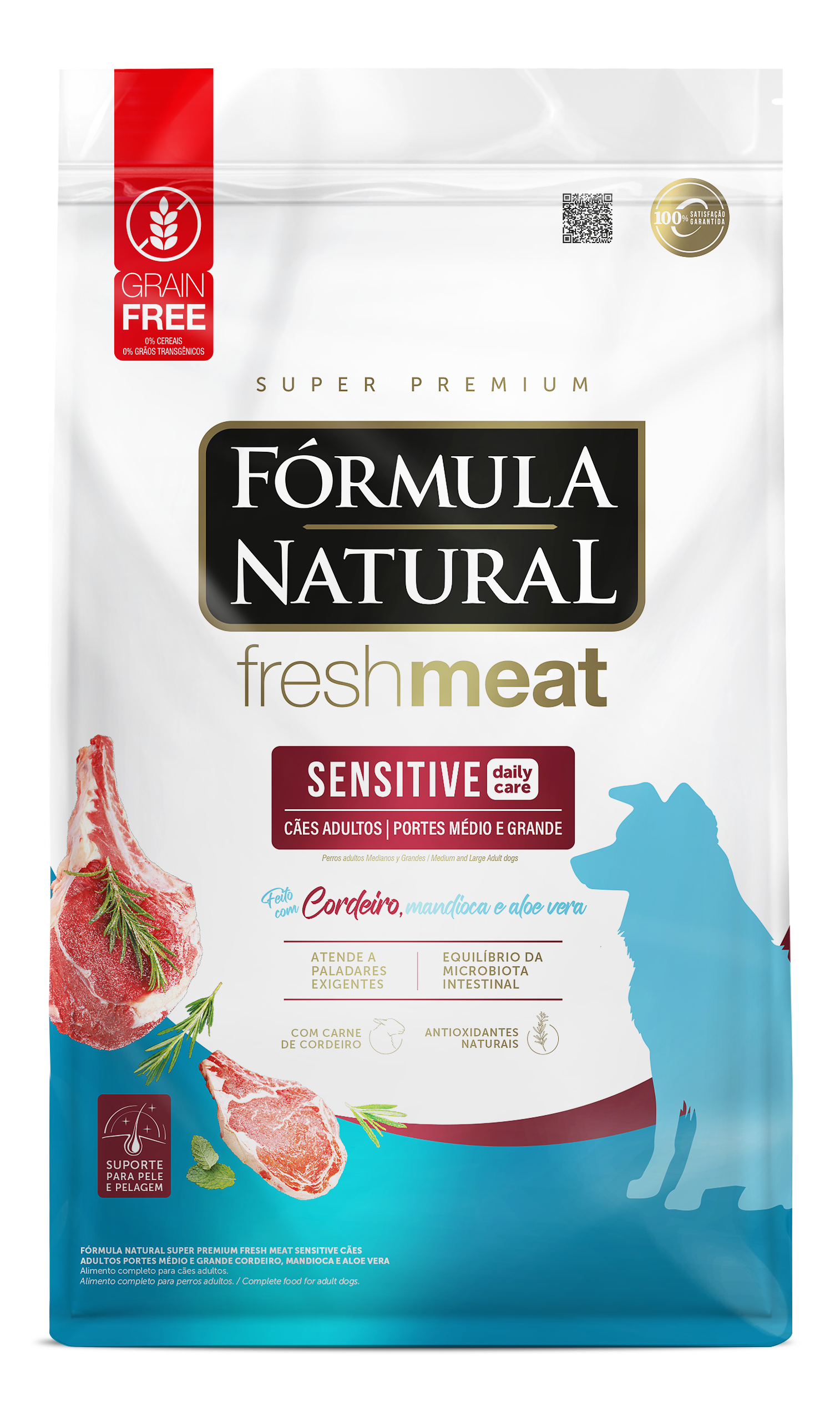 Ração Fórmula Natural Fresh Meat Sensitive Cães Adultos Médio Porte 1Kg - Cordeiro, Mandioca e Aloe Vera